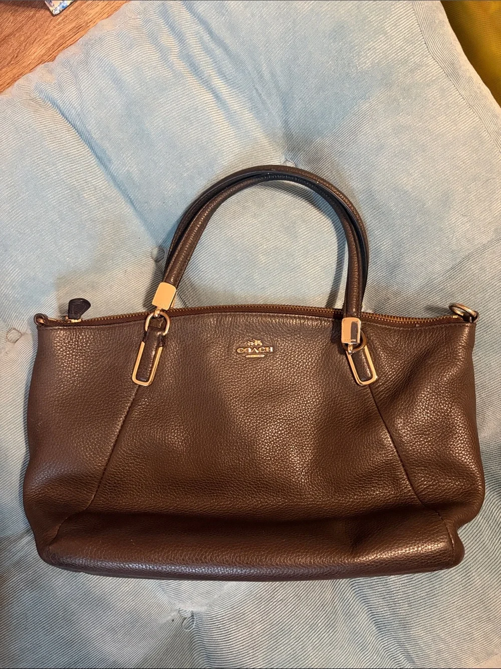 COACH Pebbled Leather Dark Brown Kelsey Satchel Purse with Gold Hardware